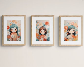DIGITAL GIRLY Wall Art, Set Of Three Prints, Popular Printables, Minimalist Cool Flower Girl Wall Décor Set| Boho Baby Nursery Artwork