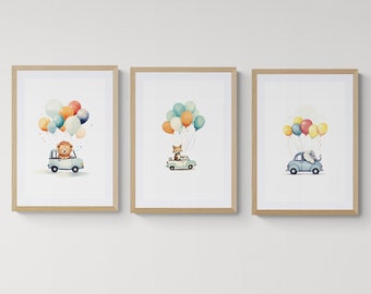 BABY SAFARI BALLOONS Artwork, Nursery Décor, Wall Art Set Of 3, Digital Printable Cute Animals Gallery Art Set| Kids Room Decoration
