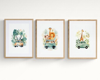 BABY SAFARI TRIP, Animals Nursery Decor, Wall Art Printable, Cute Prints Set of 3, Baby Shower Bundle, Jungle Aesthetic | Kids Room Decor