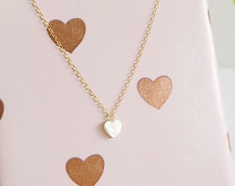 dainty mother of pearl heart necklace, high-shine white shell heart, delicate 14k-goldfilled chain, mini heart pendant necklace, layering nk