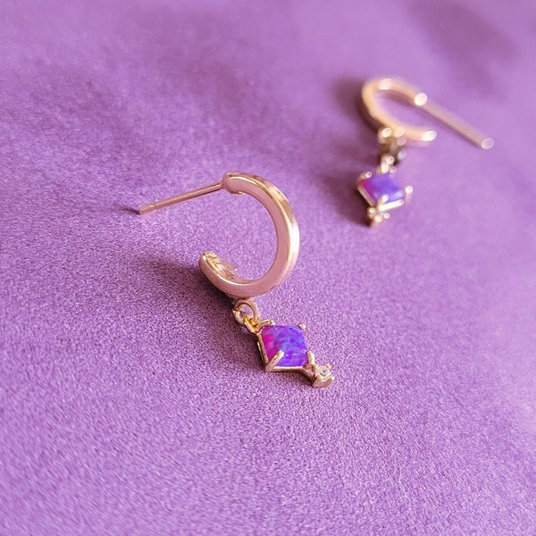 Purple Opal Gold Filled Hoops with Post, Mismatched Earrings, Half Hoop Statement Earrings, Gold Thick Hoop Earrings, Cool Earrings Dangle