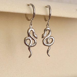 Mismatched Corporate Goth Alt Jewelry, Silver Snake Dangle Huggies Earrings for Fat Earlobes, Modern Gothic Grunge Edgy Hoops