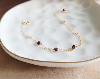 Thin Wrist January Birthstone Jewelry, Adjustable 14k Gold Fill Dainty Beaded Bracelet, Simple Gothic Garnet Bracelet Birthday Gift