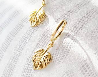 Gold Huggie Tropical Leaf Earrings, Monstera Jewelry Leaf Dangle Hoop Charm Earrings - Botanical Swiss Cheese Plant Hoop Huggies