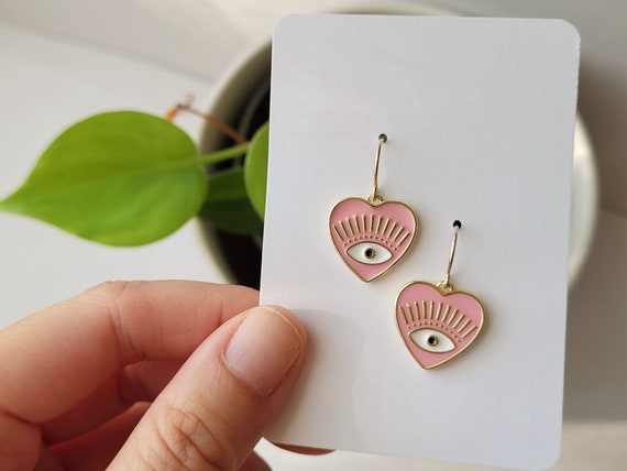 Evil Eye Earrings Pink Enamel Jewelry, Spiritual Earrings Dangle  