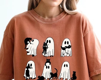 Comfort Colors Ghost Cats Halloween Shirt - Spooky Cat Lover Gift