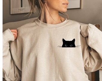 Cat Sweatshirt,Cute Cat Sweatshirt,Black Cat Shirt,Cat Peeking Sweatshirt,Womens Funny Sweatshirt,Gift for Cats Lover,Cat Mom Sweatshirt