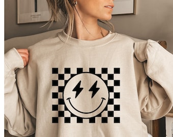 Retro Checkered Smiley Face Sweatshirt