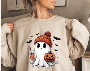 Cute Ghost Drinking Coffee Sweatshirt,Ghost Ice Coffee,Spooky Season Shirt,Fall Coffee Lover Sweatshirt,Halloween Sweatshirt,Halloween Gift
