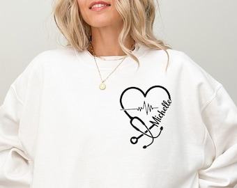 Personalized Nurse Sweatshirt: Stethoscope Heartbeat, RN Gift