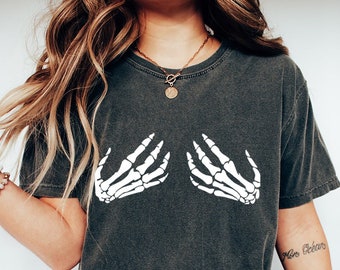 Comfort Colors Skeleton Hand Bra Shirt: Funny Halloween Tee