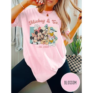 May include: Pink t-shirt with a vintage-style graphic of Mickey Mouse, Minnie Mouse, Donald Duck, and Goofy. The graphic includes the text "Mickey & Co. - Est. 1928 - "
