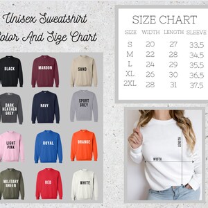 Puede incluir: Tabla de tallas y colores para sudadera unisex con 12 opciones de colores diferentes. La tabla muestra la talla, el ancho, la longitud y la longitud de la manga en pulgadas. Las tallas disponibles son S, M, L, XL y 2XL.