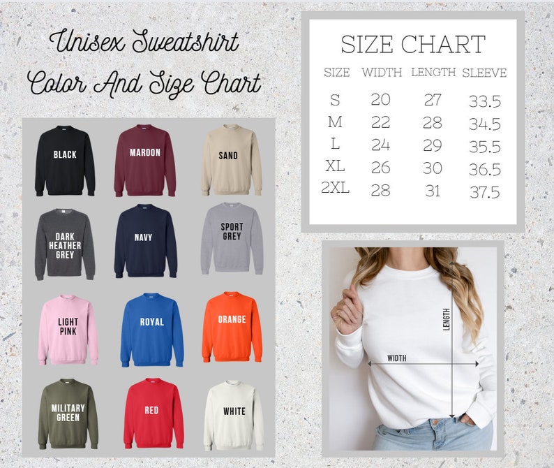 Puede incluir: Tabla de tallas y colores para sudadera unisex con 12 opciones de colores diferentes. La tabla muestra la talla, el ancho, la longitud y la longitud de la manga en pulgadas. Las tallas disponibles son S, M, L, XL y 2XL.