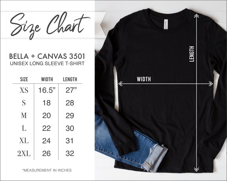 May include: Black unisex long sleeve t-shirt with a size chart. The chart shows measurements in inches for sizes XS to 2XL. The shirt's width ranges from 41.9 cm to 66 cm, and the length from 68.6 cm to 81.3 cm.