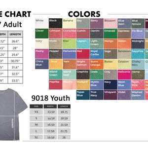 May include: A size chart for adult and youth t-shirts, with measurements in inches. The chart includes sizes, widths, and lengths for various t-shirt styles. A color palette with numerous color options is also displayed.