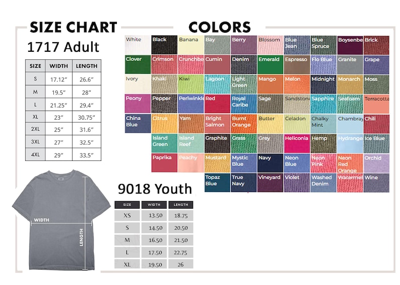 May include: A size chart for adult and youth t-shirts, with measurements in inches. The chart includes sizes, widths, and lengths for various t-shirt styles. A color palette with numerous color options is also displayed.