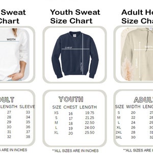 May include: Size charts for adult and youth sweatshirts and adult hoodies. Charts show width, length, and sleeve measurements in inches. The adult size chart includes sizes S to 3XL. The youth chart includes sizes XS to XL.
