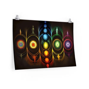 May include: A colorful illustration of the seven chakras, each represented by a different color and symbol. The chakras are arranged in a vertical line, with the root chakra at the bottom and the crown chakra at the top. The background is a dark, abstract design.