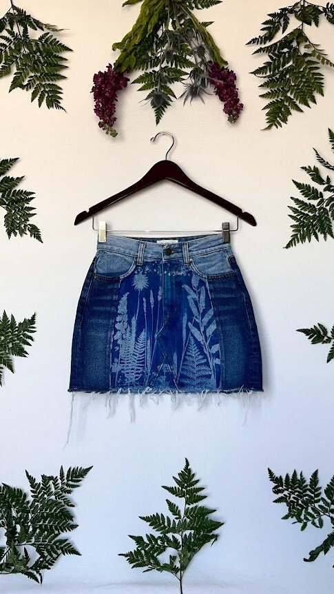 mini denim bedazzled skirt - a little distressing... - Depop
