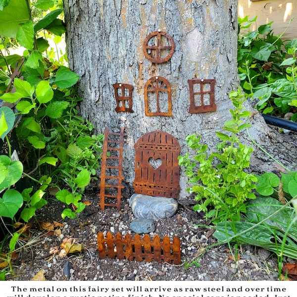 Outdoor Fairy Garden Set | Metal Fairy Miniature Accessories for Tree | Fairy Door Miniature Ladder Fairy Window Miniature Fence