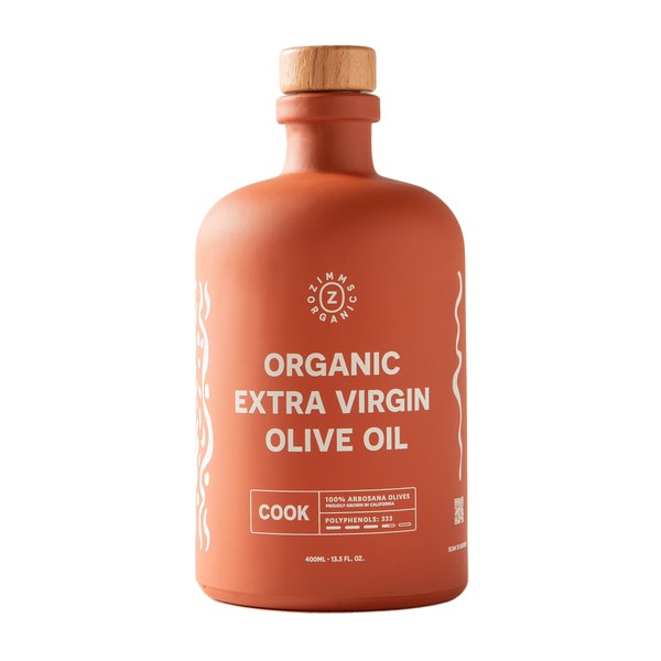 COOK 400ml EVOO • 13.5oz • Organic Extra Virgin Olive Oil for your health • Grown in California • Single Origin • Single Varietal.