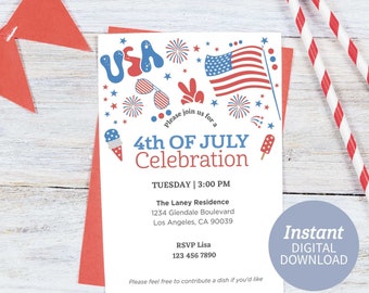 4th of July Celebration Invitation | Fourth of July Invite | Editable July 4th Invitation | Printable July Invite | July 4th Digital Invite
