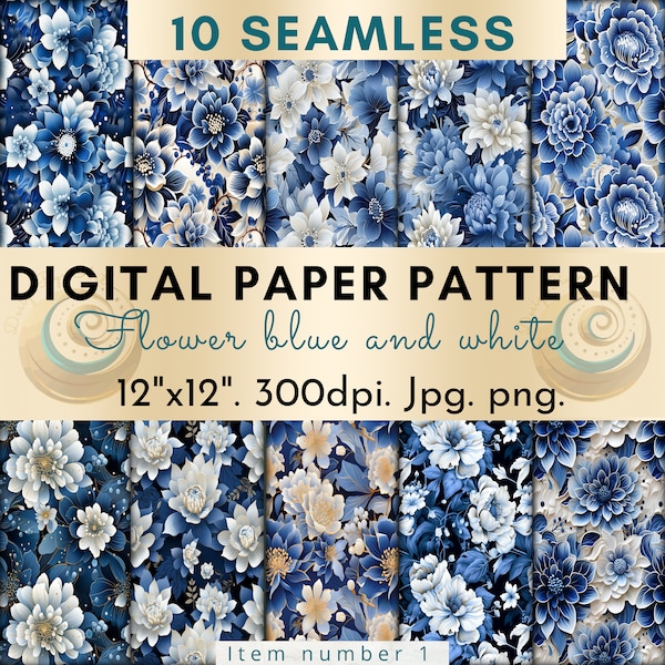 patrón sin costuras de flores  Blue & White, estampados florales,10 Seamless pattern, Backgrounds, Printable Digital Paper,scrapbook paper.1