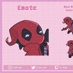 May include: Pink background with a grid pattern featuring three animated illustrations of a red character with black accents. The text "Emote" and "Red Merc Animated" are displayed at the top. Social media handles are at the bottom.