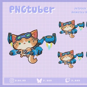 以下が含まれることがあります： オレンジと白の毛並みでゴーグルと青いジェットパックを身につけた、漫画の猫のデジタルイラスト。上部には「PNGTuber」の文字があり、猫の画像の上には「Jetpack Cat Animated Version」と書かれています。ソーシャルメディアのハンドルネームは一番下にあります。