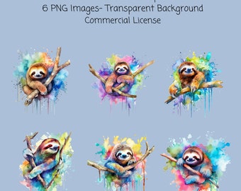 Colorful Sloth Watercolor ClipArt- commercial use