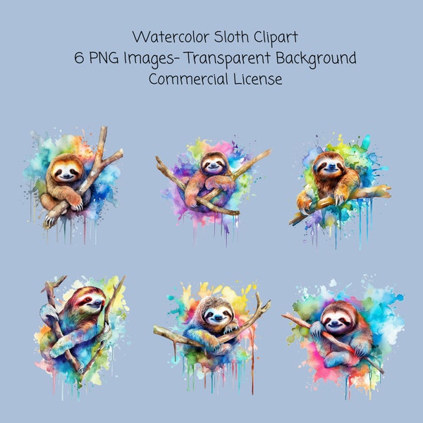 Colorful Sloth Watercolor ClipArt- commercial use