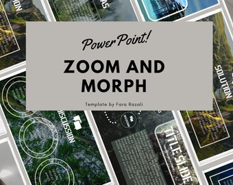 May include: A PowerPoint presentation template with a gray background and black text. The title of the template is "Zoom and Morph" and the subtitle is "Template by Fara Razali". The template features a variety of slides with different layouts and designs, including a title slide, a discussion slide, and a solution slide. The slides are decorated with images of a forest and a waterfall.