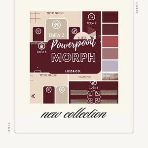 May include: A graphic design template for a PowerPoint presentation with the text "Powerpoint Morph" in white letters on a maroon background. The template features a variety of geometric shapes and icons, including a magnifying glass, a gear, and a circle with a star inside. The text "new collection" is written in cursive at the bottom of the image.
