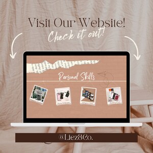 May include: A laptop screen displaying a website with the text "Personal Skills" and three images of phone wallpapers, Instagram filters, and wedding cards. The website is titled "@Liez&Co."