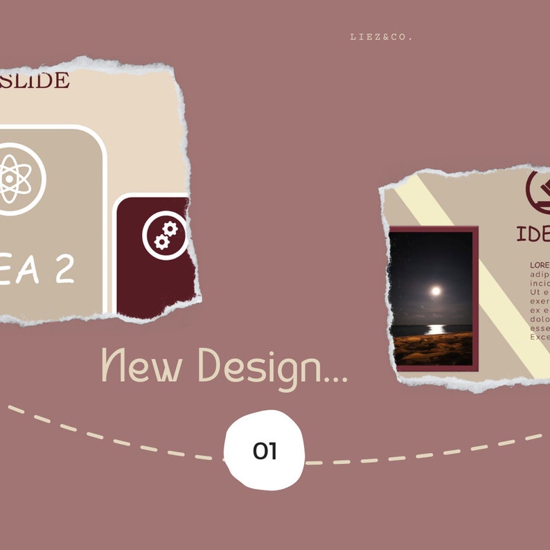 May include: A torn paper design with a brown background. The text "New Design..." is written in white. The number "01" is written in white on a circle with a brown outline. A dashed line connects the circle to the text.