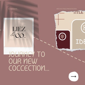 May include: A pink background with a torn piece of paper revealing a graphic design process. The graphic design process is represented by a light brown rectangle with a white plus sign, a dark red rectangle with a white lightbulb with a gear inside, and a light brown rectangle with a white atom symbol. The text "#DIGITALPRODUCTS" is in black text at the top of the torn paper. The text "TITLE" is in black text at the top of the light brown rectangle. The text "IDE" is in black text at the bottom of the light brown rectangle. The text "JOURNEY TO OUR NEW COLLECTION..." is in beige text at the bottom of the pink background. A white arrow pointing to the right is at the bottom right of the pink background.