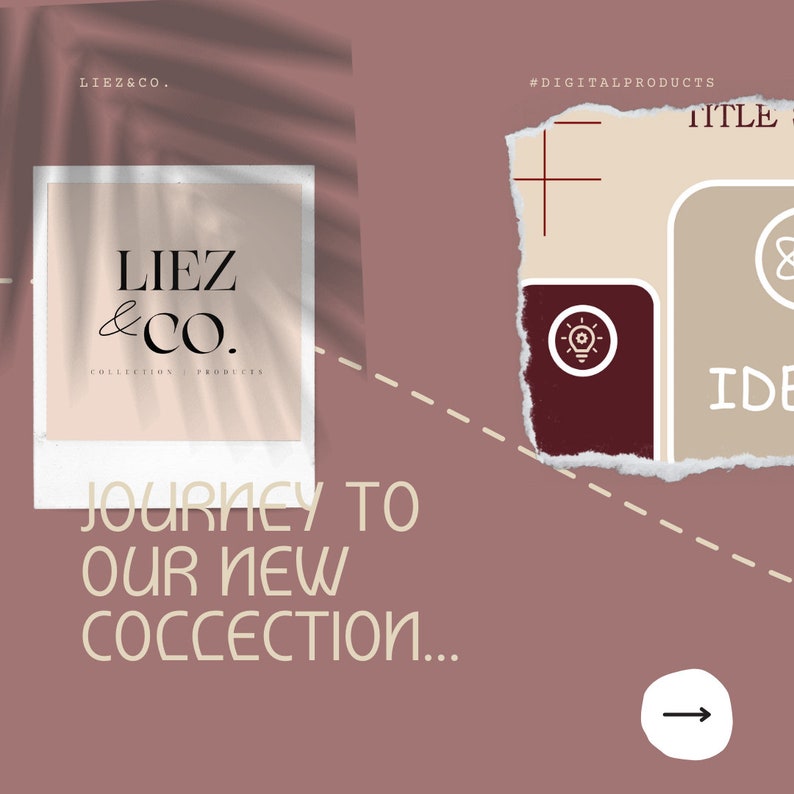 May include: A pink background with a torn piece of paper revealing a graphic design process. The graphic design process is represented by a light brown rectangle with a white plus sign, a dark red rectangle with a white lightbulb with a gear inside, and a light brown rectangle with a white atom symbol. The text "#DIGITALPRODUCTS" is in black text at the top of the torn paper. The text "TITLE" is in black text at the top of the light brown rectangle. The text "IDE" is in black text at the bottom of the light brown rectangle. The text "JOURNEY TO OUR NEW COLLECTION..." is in beige text at the bottom of the pink background. A white arrow pointing to the right is at the bottom right of the pink background.