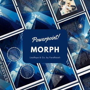 May include: A blue and white PowerPoint template with the text "Powerpoint! MORPH" and "LiezRaya & Co. by FaraRazali". The background image is a low-angle view of skyscrapers.