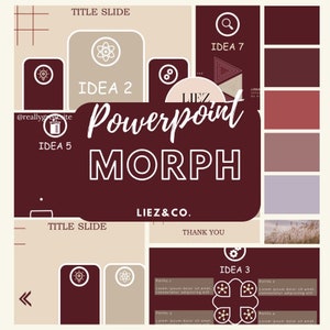May include: A brown and beige color palette with a white outline of a gear, lightbulb, atom, and a test tube. The text "Powerpoint Morph" is in white with a brown outline. The text "Liez & Co." is in white with a brown outline. The text "Title Slide" appears twice. The text "Idea 2", "Idea 3", "Idea 5", and "Idea 7" are in white with a brown outline. The text "Thank You" is in white with a brown outline.