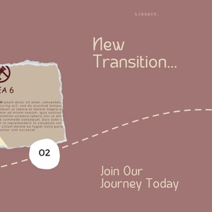 May include: A brown background with a torn piece of paper with text that reads "EA 6" and "Mipsum dolor sit amet, consectetu iscing elit, sed do eiusmod tempor Bidunt ut labore et dolore magna al mim ad minim veniam, quis nostrud citation ullamco laboris nisi ut alic commodo consequat. Duis aute in r in reprehenderit in voluptate vel cillum dolore eu fugiat nulla paria. epteur sint occaecat". The text "New Transition..." is in the upper right corner of the image. The text "Join Our Journey Today" is in the lower right corner of the image. A white dashed line curves from the upper right corner to the lower left corner of the image. A white circle with the number "02" is in the lower left corner of the image.