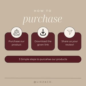 May include: A graphic with three steps to purchase a product: purchase the product, download the link, and share a review. The graphic has a maroon background with white text and icons.