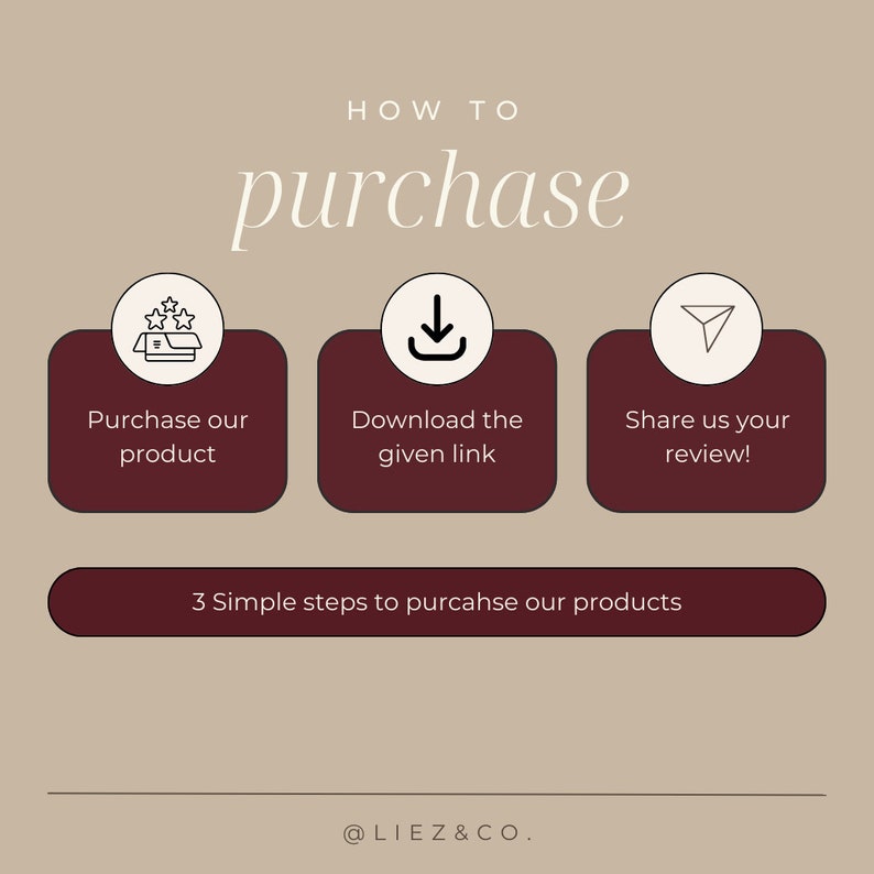 May include: A graphic with three steps to purchase a product: purchase the product, download the link, and share a review. The graphic has a maroon background with white text and icons.