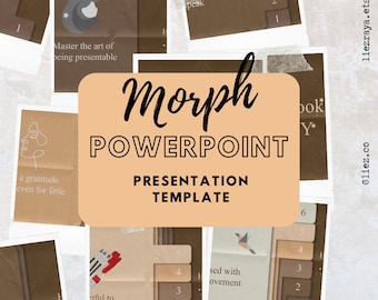 May include: A PowerPoint presentation template titled "Morph" with a beige and brown color scheme. The design includes various elements such as numbered tabs, inspirational quotes, and illustrations. The template is designed for presentations.