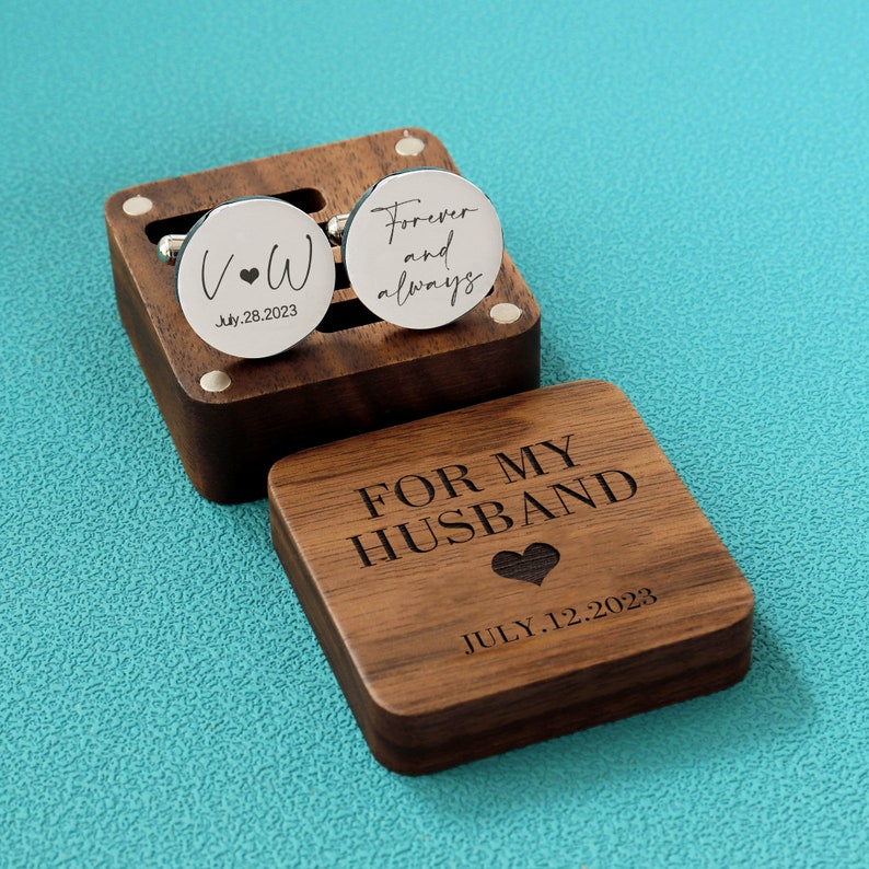 Custom cufflinks Engraved Box Optional, personalized Wedding Day Cuff links for Groom groomsmen, Wood Anniversary Gift, Gift for Husband image 2