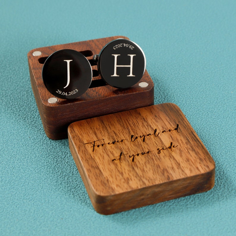 Benutzerdefinierte Manschettenknöpfe Gravur Box Optional, personalisierte Hochzeitstag Manschettenknöpfe für Bräutigam Trauzeugen, Holz Jahrestagsgeschenk, Geschenk für Mann Round Black -20mm