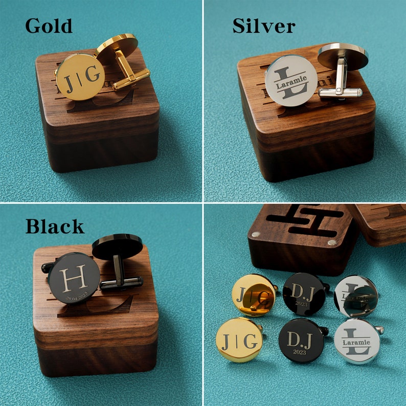 Custom cufflinks Engraved Box Optional, personalized Wedding Day Cuff links for Groom groomsmen, Wood Anniversary Gift, Gift for Husband image 6