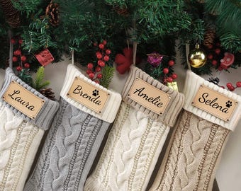 Personalized Knit Christmas Stocking, Custom Leather Name Patch