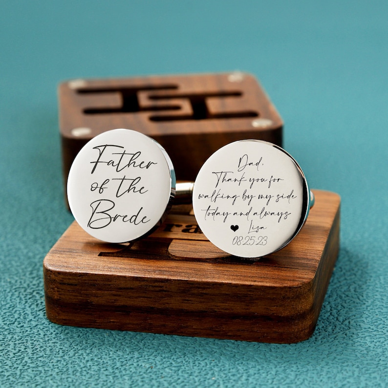 Personalised Father of the Bride gift Cufflinks, Custom Wedding Day Gifts, Father's Day gift, Thank you Wedding Gift, Gifts from Bride Round Silver -20mm