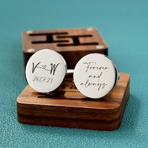 Benutzerdefinierte Manschettenknöpfe Gravur Box Optional, personalisierte Hochzeitstag Manschettenknöpfe für Bräutigam Trauzeugen, Holz Jahrestagsgeschenk, Geschenk für Mann Round Silver -20mm